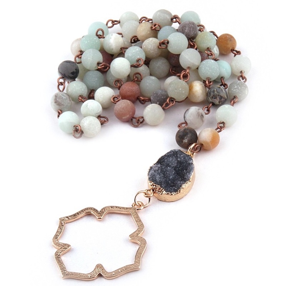 Boho Amazonite Druzy Gold Quatrefoil Necklace - Picture 3 of 6